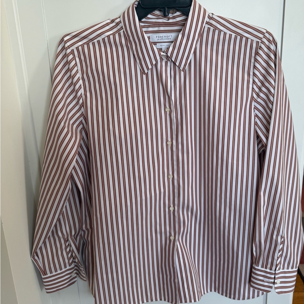 Foxcroft Women’s Brown and White Striped Wrinkle Free Shirt